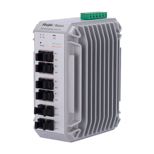 Reyee Switch Industriale PoE Cloud Layer 2 - 8 porte PoE+ Gigabit + 4 porte SFP Gigabit - 30W per porta 802.3af/at / Massimo 240W - Static LAG/DHCP Snooping/IGMP Snooping/Port Mirroring - VLAN/Loop Prevention/STP/RSTP/ACL/Watchdog - Montaggio su guida DIN