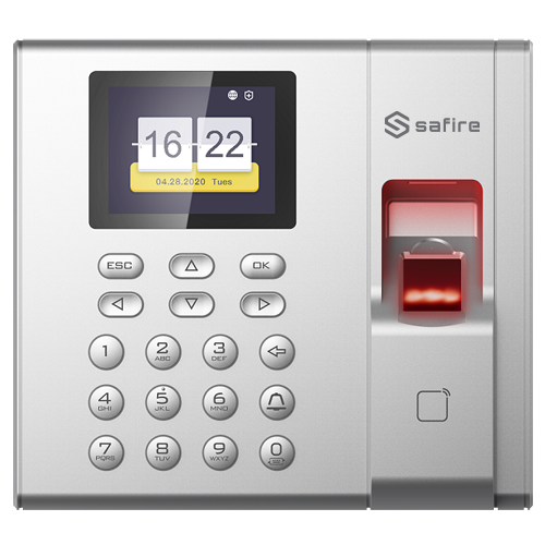 Controllo accessi e presenze - Impronte digitali, scheda MF e PIN - 1.000 utenti | 100.000 registri - TCP/IP, USB, Modalità  di presenza - Controller integrato (Relè e cicalino) - Software Safire Control Center