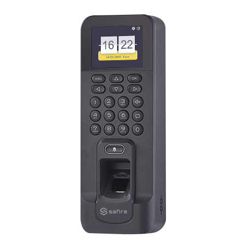 Controllo accessi e presenze - Impronte digitali, scheda EM e PIN - 3.000 utenti | 100.000 registri - TCP/IP, WiFi, USB, RS485, Wiegand e Relè - Controllo integrato | Modalità  di presenza - Software Safire Control Center | Nero
