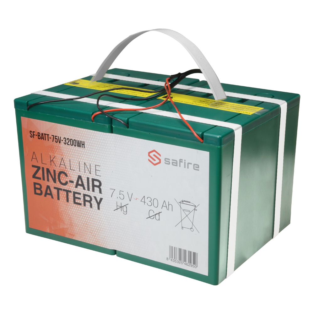 Batteria zinc-aire - Voltaggio 7.5 V / Capacità 3200 Wh - Connettore triplo DC: Jack, mini USB e molex - Lunghezza del cavo 2 m - Compatibile con Ajax e RSI Videofied - 158 (La) x 260 (Lu) x 188 (I) mm / 7.6 Kg - SF-BATT-75V-3200WH