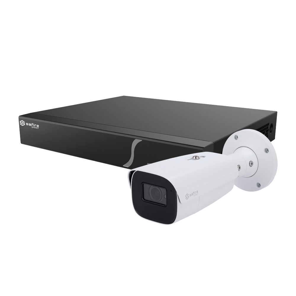 Kit di Intelligenza Artificiale Safire Smart - 1 Telecamera Bullet da 4Mpx - 1 NVR da 8CH con audio e allarme - 1 Hard disk da 1TB - Uscita video HDMI 4K - Classificazione avanzata di persone e veicoli