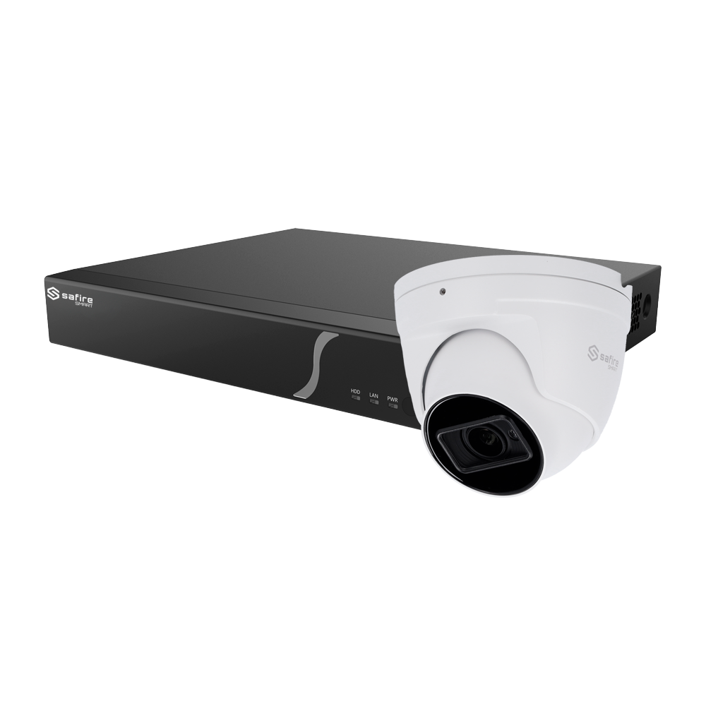 Kit di Intelligenza Artificiale Safire Smart - 1 Telecamera Turret da 4Mpx - 1 NVR da 8CH con audio e allarme - 1 Hard disk da 1TB - Uscita video HDMI 4K - Classificazione avanzata di persone e veicoli