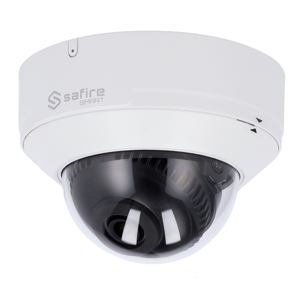 Safire Smart - Telecamera Dome IP gamma E1 Intelligenza Artificiale - Risoluzione 4 Megapixel (2566x1440) - Ottica 2.8 mm | Microfono integrato | IR 30m - IA: Classificazione di persone e veicoli - Waterproof IP67; IK10 | PoE (IEEE802.3af)