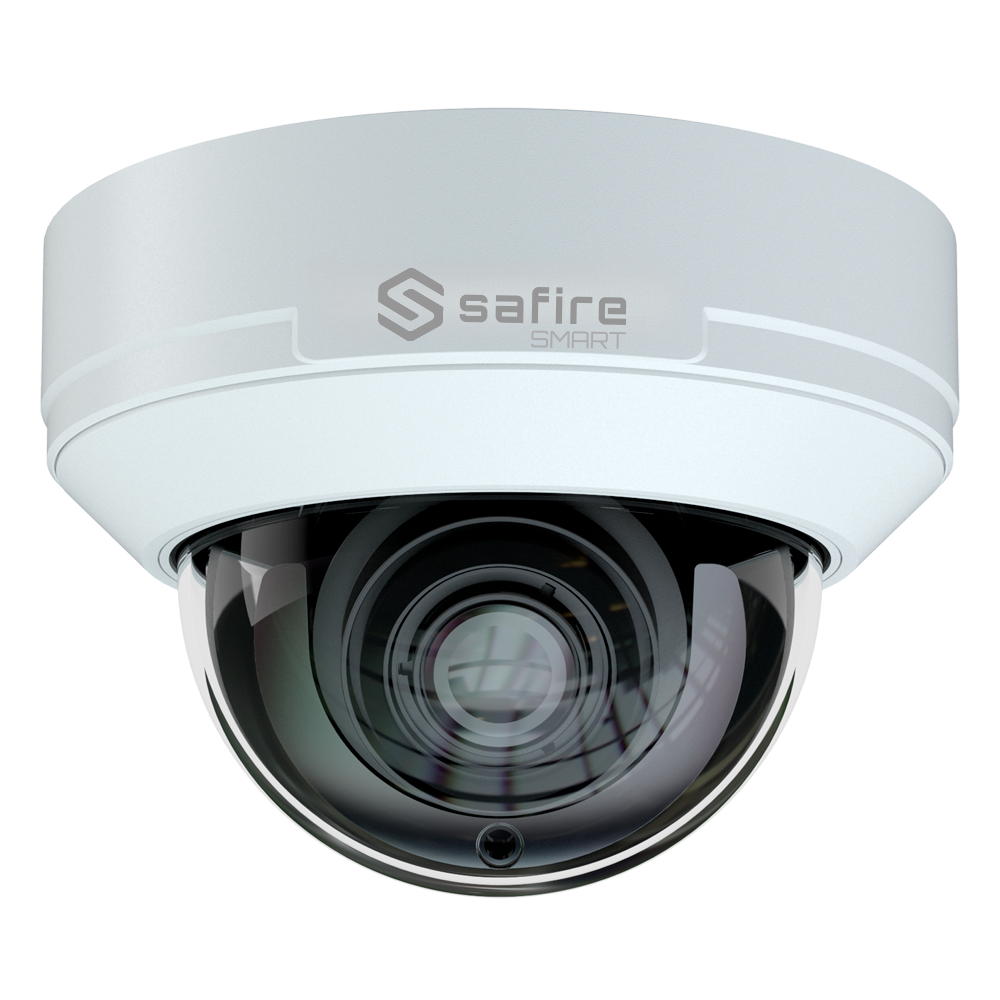 Safire Smart - Telecamera Dome IP gamma E1 Intelligenza Artificiale - Risoluzione 4 Megapixel (2566x1440) - Ottica Motorizzata 2.8~12mm | Microfono | IR 50m - IA: Classificazione di persone e veicoli - Waterproof IP67 e IK10 | PoE (IEEE802.3af)