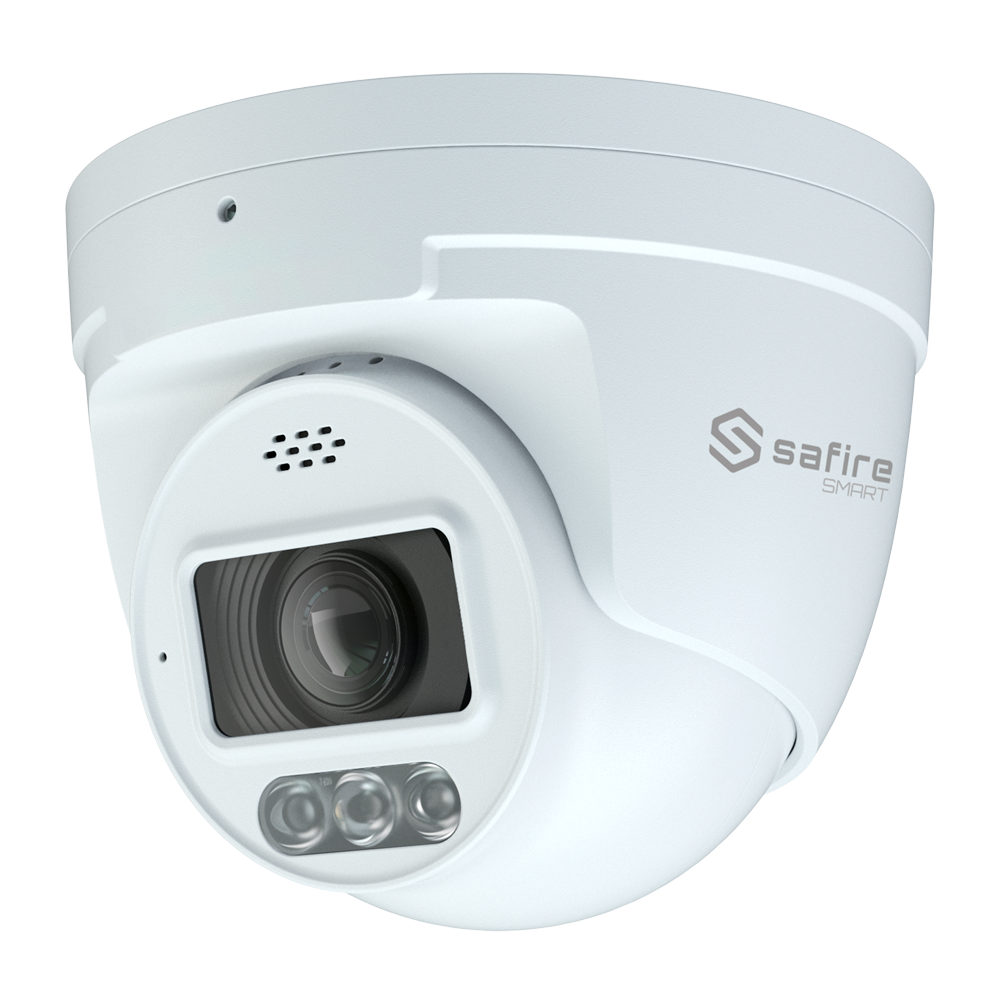 Safire Smart - Telecamera Turret IP gamma I1 con Deterrenza attiva - Risoluzione 4 Megapixel (2566x1440) - Ottica 2.8-12 mm | MIC; Speaker | Dual light 40m - IA: Classificazione di persone e veicoli - Waterproof IP67 | PoE (IEEE802.3af)