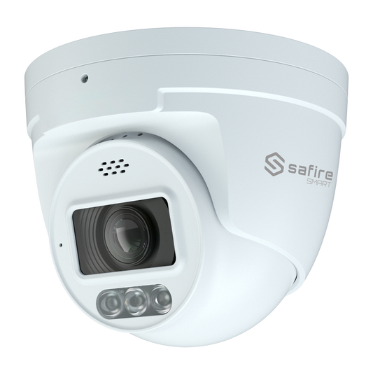 Safire Smart - Telecamera Turret IP gamma I1 con Deterrenza attiva - Risoluzione 4 Megapixel (2566x1440) - Ottica 2.8-12 mm | MIC; Speaker | Dual light 40m - IA: Classificazione di persone e veicoli - Waterproof IP67 | PoE (IEEE802.3af)