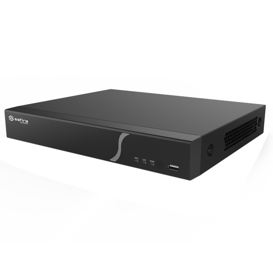 Safire Smart - Videoregistratore NVR per telecamere IP gamma B2 - 8CH video / Compressione H.265S / 1HDD - Risoluzione fino a 12Mpx / Larghezza di banda 80Mbps - HDMI 4K e VGA / Dewarping Fisheye - Riconoscimento facciale, Metadati video