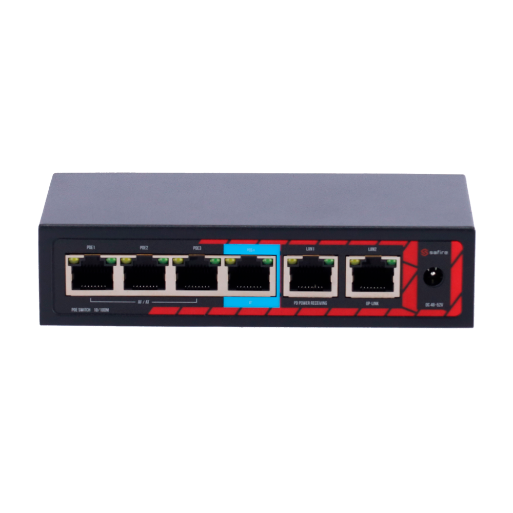 Safire Indoor Hi-PoE Extender Switch - Estende la portata dell'alimentazione POE - 4 porte PoE + 2 Uplink RJ45 - IEEE 802.3 af/at/bt - Potenza massima in uscita 60 W - Porte 10/100 Mbps