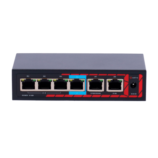 Safire Indoor Hi-PoE Extender Switch - Estende la portata dell'alimentazione POE - 4 porte PoE + 2 Uplink RJ45 - IEEE 802.3 af/at/bt - Potenza massima in uscita 60 W - Porte 10/100 Mbps