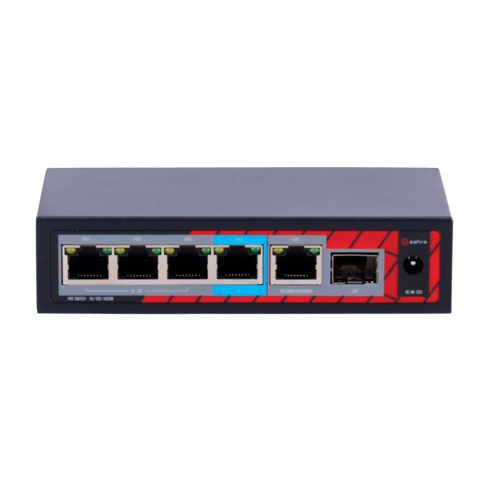 Safire Indoor POE extender Switch - Amplà­a alcance alimentacià³n POE - 4 puertos PoE + 1 Uplink RJ45 +1 SFP  - IEEE 802.3 af/at/bt - Potencia de salida mà¡xima 60 W - Puertos 10/100/1000 Mbps