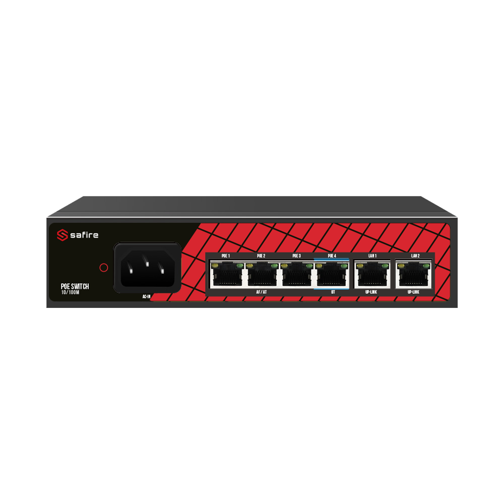 Safire Switch Hi-PoE - 4 porte PoE + 2 Uplink RJ45 - Velocità  porte 10/100Mbps - 3 Porte PoE+ 30W + 1 Porta Hi-PoE 60W - Potenza PoE totale da 60W
 -                                 
 -                              PoE Watchdog / Auto PoE Esteso fino a 250m