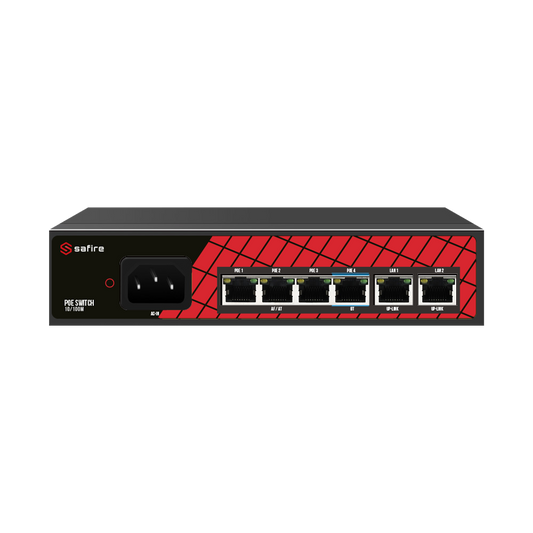 Safire Switch Hi-PoE - 4 porte PoE + 2 Uplink RJ45 - Velocità  porte 10/100Mbps - 3 Porte PoE+ 30W + 1 Porta Hi-PoE 60W - Potenza PoE totale da 60W
 -                                 
 -                              PoE Watchdog / Auto PoE Esteso fino a 250m