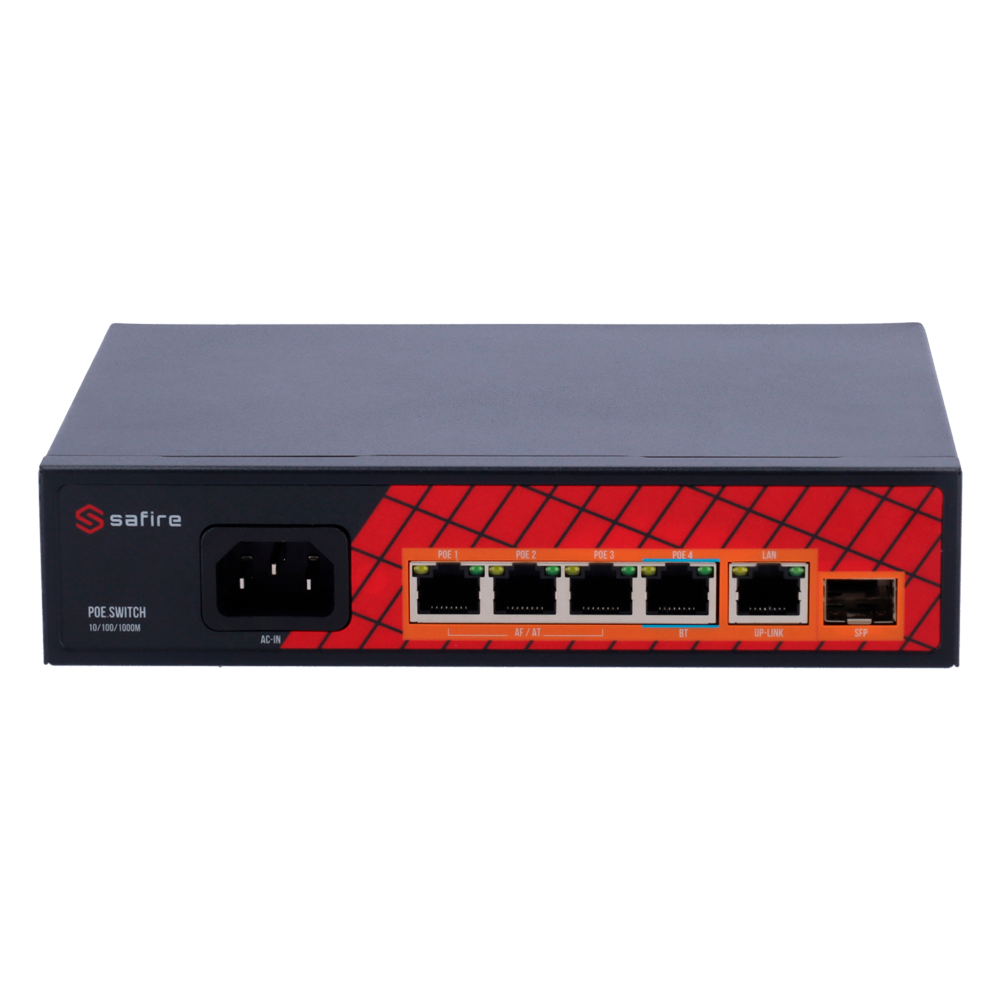 Safire Switch Hi-PoE - 4 porte PoE + 1 Uplink RJ45 + 1 Uplink SFP - Velocità  porte Gigabit 10/100/1000Mbps - 3 Porte PoE+ 30W + 1 Porta Hi-PoE 60W - PoE Watchdog - Fino a 65W Potenza PoE totale