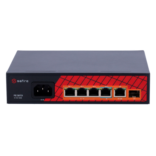 Safire Switch Hi-PoE - 4 porte PoE + 1 Uplink RJ45 + 1 Uplink SFP - Velocità  porte Gigabit 10/100/1000Mbps - 3 Porte PoE+ 30W + 1 Porta Hi-PoE 60W - PoE Watchdog - Fino a 65W Potenza PoE totale