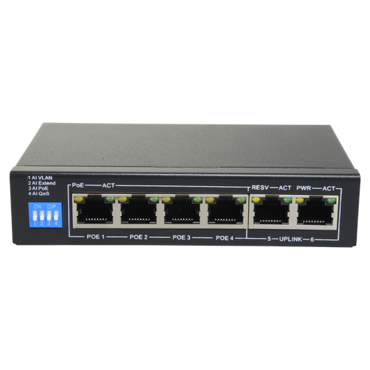Switch PoE - 4 porte PoE + 2 Uplink RJ45 - Velocità  fino a 1000 Mbps su tutte le porte - Fino 60W in totale per tutte le porte - Larghezza di banda 12 Gbps - Standard IEEE802.3af (PoE) / a (PoE+)