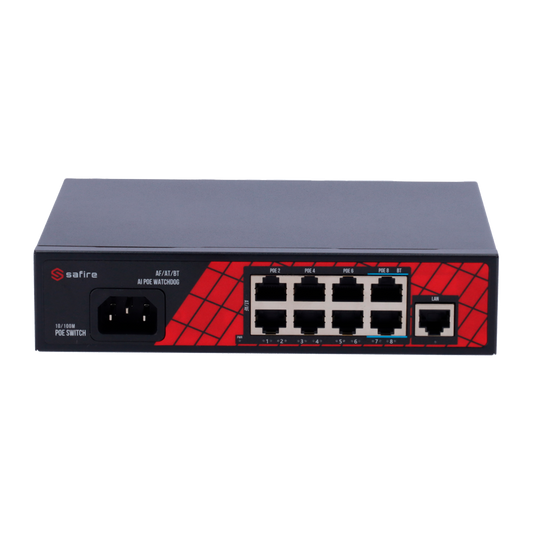 Safire Switch Hi-PoE - 8 porte PoE + 1 Uplink RJ45 - Velocità  porte 10/100Mbps - 6 Porte PoE+ 30W + 2 Porte Hi-PoE 60W - Potenza PoE totale da 120W
 -                                 
 -                              PoE Watchdog / Auto PoE Esteso fino a 250m