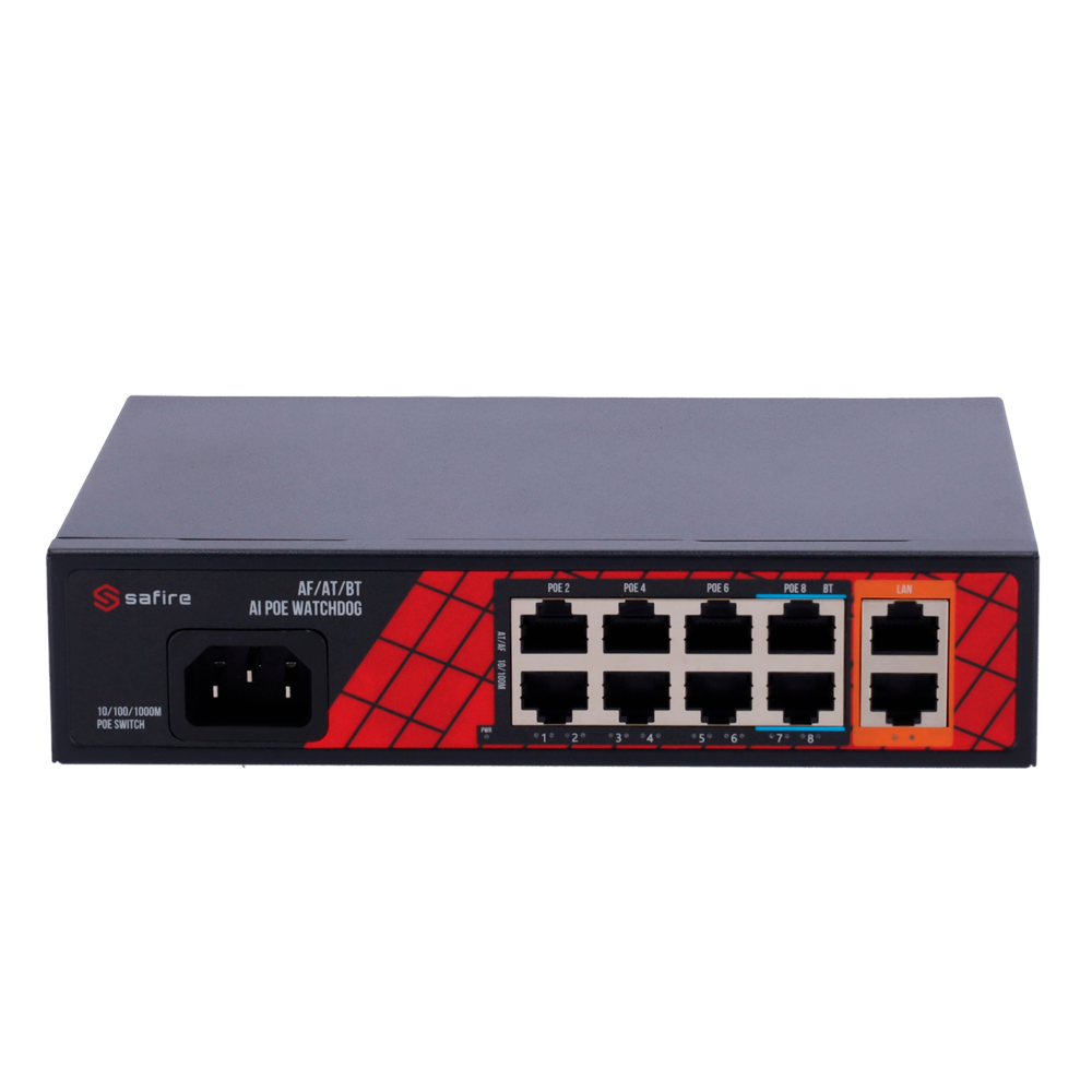 Safire Switch Hi-PoE - 8 porte PoE + 2 Uplink RJ45 - Ibrido 8x10/100Mbps + 2x10/100/1000Mbps - 6 Porte PoE+ 30W + 2 Porte Hi-PoE 60W - PoE Watchdog - Fino a 120W Potenza PoE totale