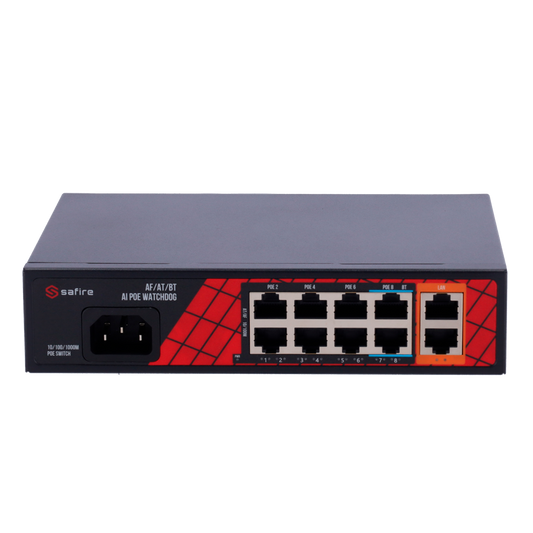 Safire Switch Hi-PoE - 8 porte PoE + 2 Uplink RJ45 - Ibrido 8x10/100Mbps + 2x10/100/1000Mbps - 6 Porte PoE+ 30W + 2 Porte Hi-PoE 60W - PoE Watchdog - Fino a 120W Potenza PoE totale