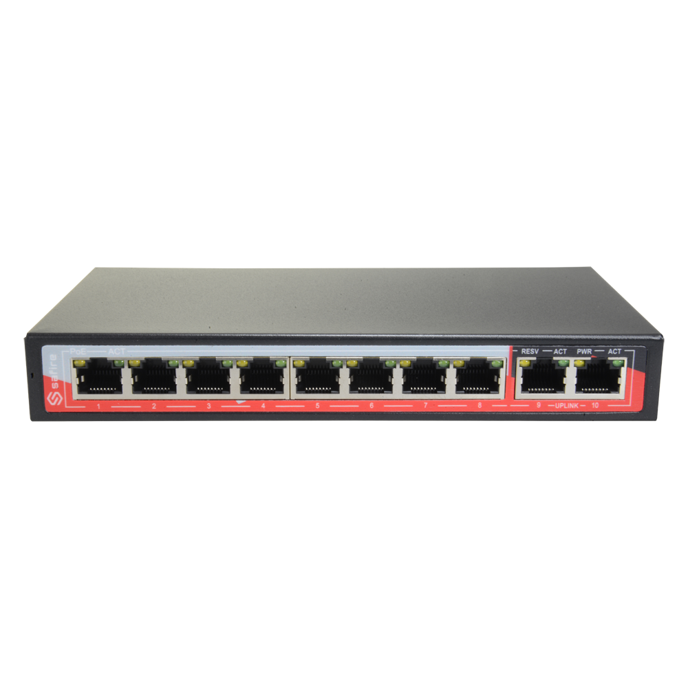 Switch PoE - 8 porte PoE + 2 Uplink RJ45 - Velocità  10/100 Mbps - Funzioni: Ai VLan/QOS/CCTV Extend/PoE - Standard IEEE802.3af (PoE) / a (PoE+) - Fino 96W in totale per tutte le porte