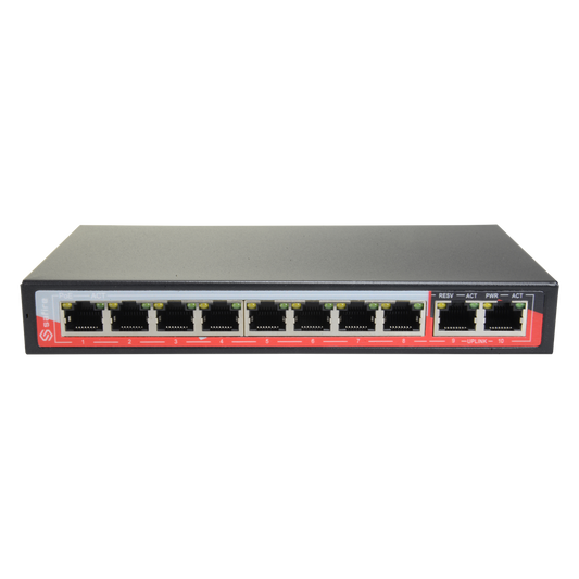 Switch PoE - 8 porte PoE + 2 Uplink RJ45 - Velocità  10/100 Mbps - Funzioni: Ai VLan/QOS/CCTV Extend/PoE - Standard IEEE802.3af (PoE) / a (PoE+) - Fino 96W in totale per tutte le porte
