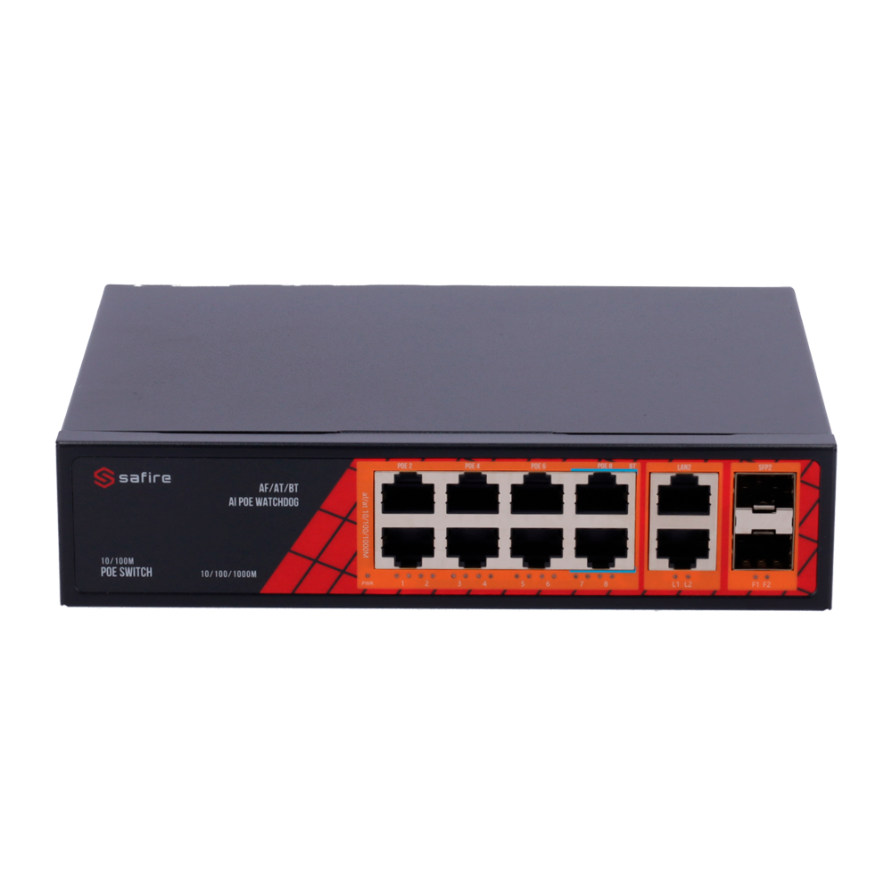 Safire Switch Hi-PoE - 8 porte PoE + 2 SFP + 2 RJ45 - Velocità  porte Gigabit 10/100/1000Mbps - 6 Porte PoE+ 30W + 2 Porte Hi-PoE 60W - PoE Watchdog - Fino a 120W Potenza PoE totale