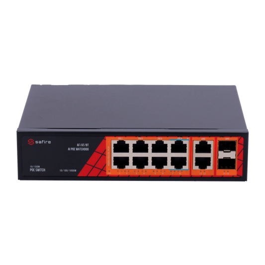 Safire Switch Hi-PoE - 8 porte PoE + 2 SFP + 2 RJ45 - Velocità  porte Gigabit 10/100/1000Mbps - 6 Porte PoE+ 30W + 2 Porte Hi-PoE 60W - PoE Watchdog - Fino a 120W Potenza PoE totale