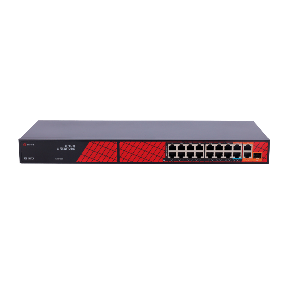 Safire Switch Hi-PoE - 16 Porte PoE + 2 Uplink RJ45 + 2 Uplink SFP - Ibrido 15x10/100Mbps + 4x10/100/1000Mbps - 14 Porte PoE+ 30W + 2 Porte Hi-PoE 60W - PoE Watchdog / PoE Esteso - Fino a 300W Potenza PoE totale