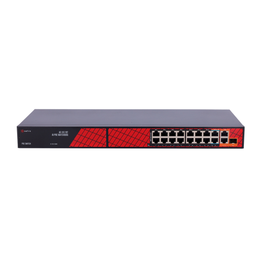Safire Switch Hi-PoE - 16 Porte PoE + 2 Uplink RJ45 + 2 Uplink SFP - Ibrido 15x10/100Mbps + 4x10/100/1000Mbps - 14 Porte PoE+ 30W + 2 Porte Hi-PoE 60W - PoE Watchdog / PoE Esteso - Fino a 300W Potenza PoE totale