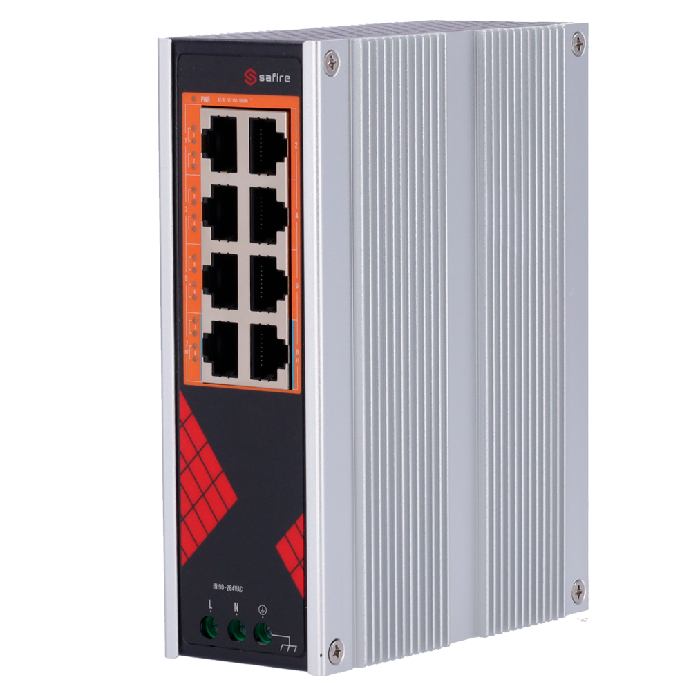 Safire Switch Industriale Alimentazione AC 90~264V - 8 porte Gigabit 10/100/1000Mbps - 6 Porte PoE+ 30W + 2 Porte Hi-PoE 60W - PoE Watchdog - Fino a 130W Potenza PoE totale - Installazione su guida DIN