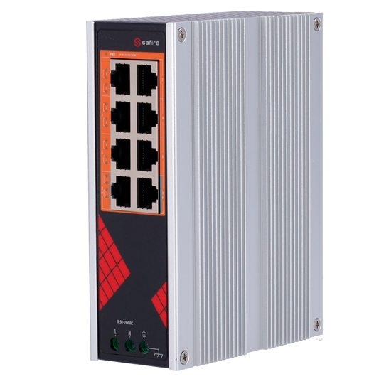 Safire Switch Industriale Alimentazione AC 90~264V - 8 porte Gigabit 10/100/1000Mbps - 6 Porte PoE+ 30W + 2 Porte Hi-PoE 60W - PoE Watchdog - Fino a 130W Potenza PoE totale - Installazione su guida DIN