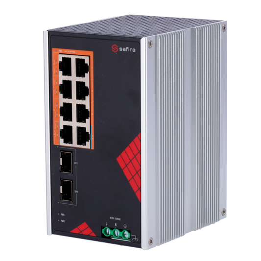 Safire Switch Industriale Alimentazione AC 90~264V - 8 porte Gigabit + 2 SFP Gigabit - 6 Porte PoE+ 30W + 2 Porte Hi-PoE 60W - PoE Watchdog - Fino a 130W Potenza PoE totale - Installazione su guida DIN