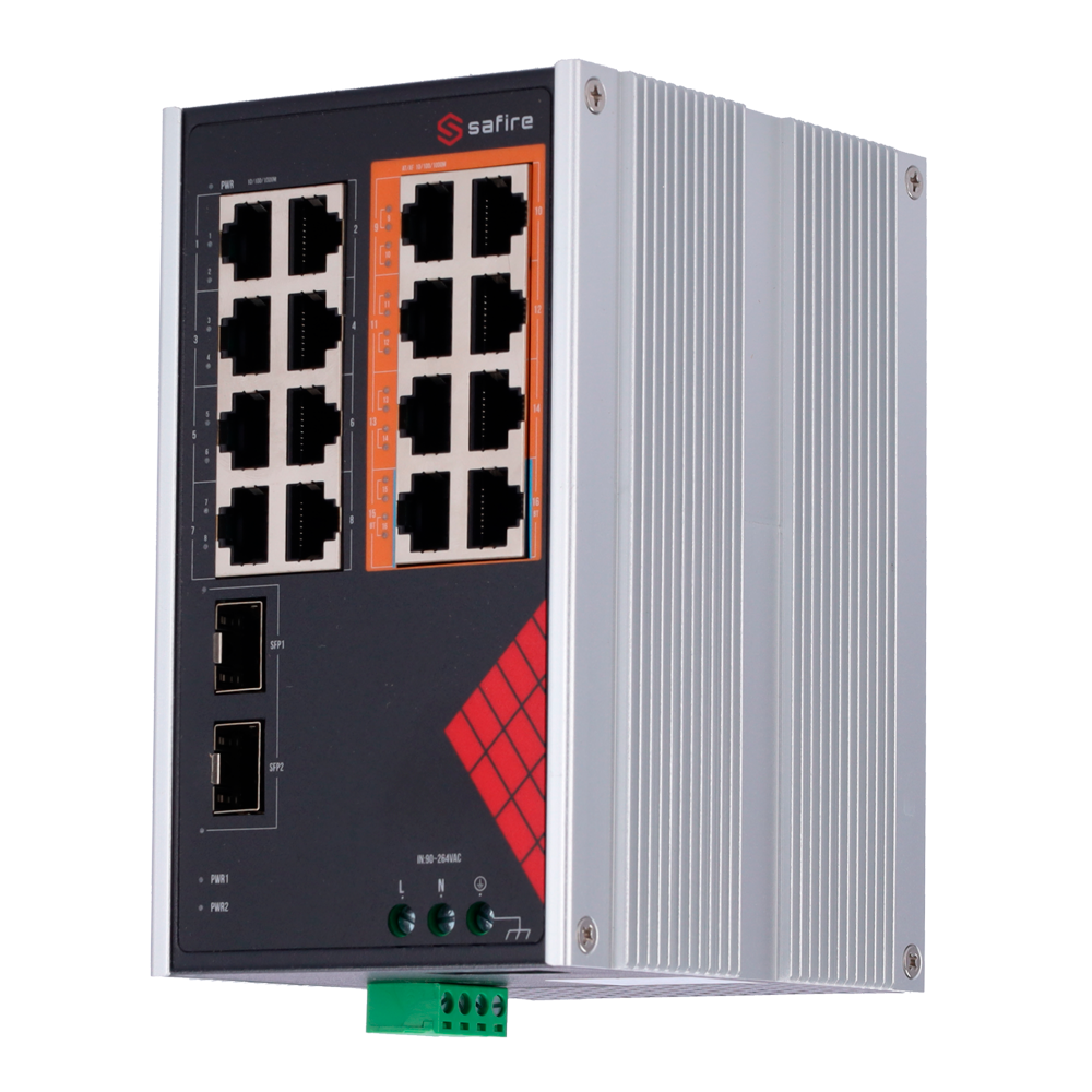 Safire Switch Industriale Alimentazione AC 90~264V - 16 porte Gigabit + 2 SFP Gigabit - 6 Porte PoE+ 30W + 2 Porte Hi-PoE 60W - PoE Watchdog - Fino a 130W Potenza PoE totale - Installazione su guida DIN
