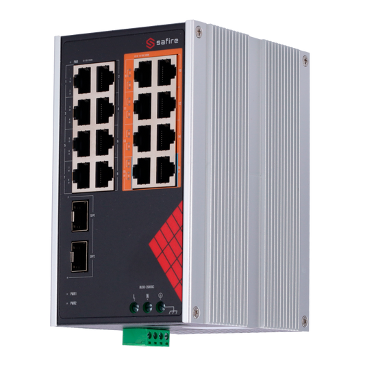 Safire Switch Industriale Alimentazione AC 90~264V - 16 porte Gigabit + 2 SFP Gigabit - 6 Porte PoE+ 30W + 2 Porte Hi-PoE 60W - PoE Watchdog - Fino a 130W Potenza PoE totale - Installazione su guida DIN
