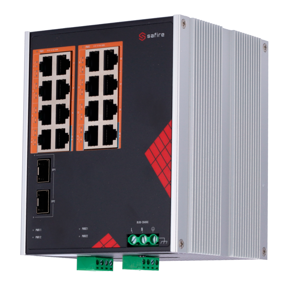 Safire Switch Industriale Alimentazione AC 90~264V - 16 porte Gigabit + 2 SFP Gigabit - 12 Porte PoE+ 30W + 4 Porte Hi-PoE 60W - PoE Watchdog - Fino a 260W Potenza PoE totale - Installazione su guida DIN