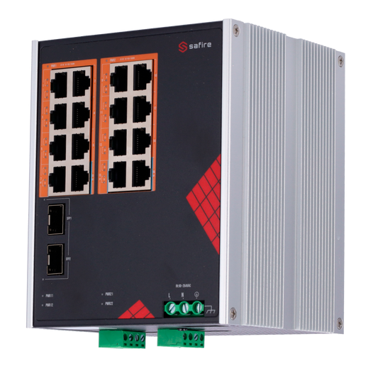 Safire Switch Industriale Alimentazione AC 90~264V - 16 porte Gigabit + 2 SFP Gigabit - 12 Porte PoE+ 30W + 4 Porte Hi-PoE 60W - PoE Watchdog - Fino a 260W Potenza PoE totale - Installazione su guida DIN