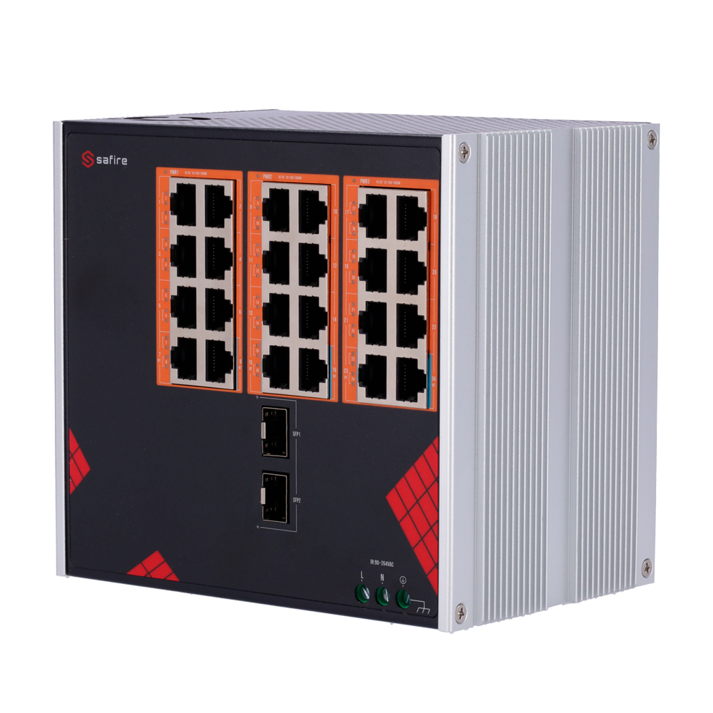 Safire Switch Industriale Alimentazione AC 90~264V - 24 porte Gigabit + 2 SFP Gigabit - 18 Porte PoE+ 30W + 6 Porte Hi-PoE 60W - PoE Watchdog - Fino a 390W Potenza PoE totale - Installazione su guida DIN