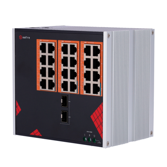 Safire Switch Industriale Alimentazione AC 90~264V - 24 porte Gigabit + 2 SFP Gigabit - 18 Porte PoE+ 30W + 6 Porte Hi-PoE 60W - PoE Watchdog - Fino a 390W Potenza PoE totale - Installazione su guida DIN