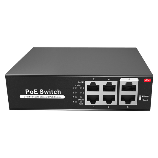 Switch PoE - 4 porte PoE + 2 Uplink RJ45 - Velocità  fino a 100 Mbps su tutte le porte - Fino 60W in totale per tutte le porte - Larghezza di banda 1.2 Gbps - Standard IEEE802.3af (PoE) / a (PoE+)