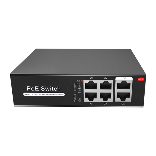 Switch PoE - 4 porte PoE + 2 Uplink RJ45 - Velocità  fino a 1000 Mbps su tutte le porte - Fino 60W in totale per tutte le porte - Larghezza di banda 12 Gbps - Standard IEEE802.3af (PoE) / a (PoE+)