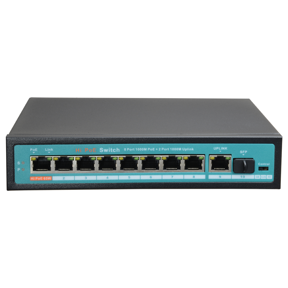 Switch PoE - 8 porte PoE + 1 Uplink + 1 SFP GIGA - Velocità  della porta 10/100/1000 Mbps - 65W porta 1 / 30W porta 2-8 / Massimo 120W - La modalità  HD ottimizza la trasmissione CCTV - Hi-PoE / IEEE802.3at (PoE+) / af (PoE)