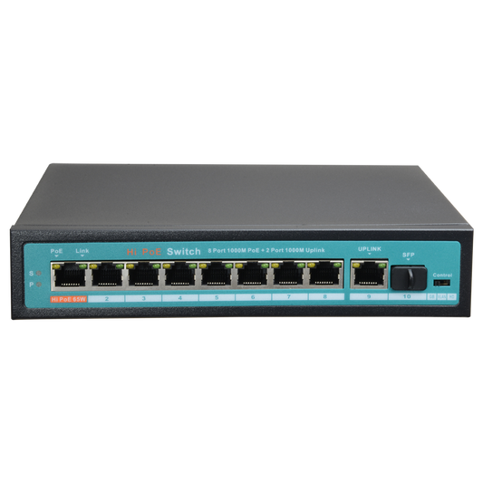 Switch PoE - 8 porte PoE + 1 Uplink + 1 SFP GIGA - Velocità  della porta 10/100/1000 Mbps - 65W porta 1 / 30W porta 2-8 / Massimo 120W - La modalità  HD ottimizza la trasmissione CCTV - Hi-PoE / IEEE802.3at (PoE+) / af (PoE)
