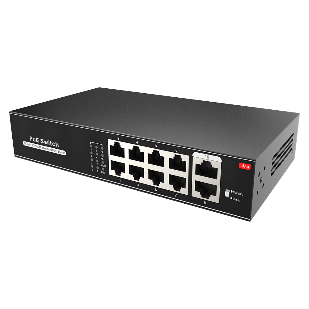 Switch PoE - 8 porte PoE + 2 Uplink RJ45 - Velocità  10/100 Mbps - Funzioni: Ai VLan/QOS/CCTV Extend/PoE - Standard IEEE802.3af (PoE) / a (PoE+) - Fino 100W in totale per tutte le porte