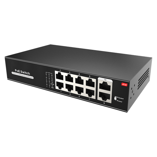 Switch PoE - 8 porte PoE + 2 Uplink RJ45 - Velocità  10/100 Mbps - Funzioni: Ai VLan/QOS/CCTV Extend/PoE - Standard IEEE802.3af (PoE) / a (PoE+) - Fino 100W in totale per tutte le porte