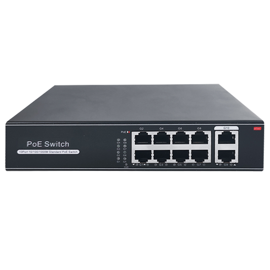 Switch PoE - 8 porte RJ45 + 2 RJ45 Uplink - Velocità  della porta 10/100/1000 Mbps - 8 Porte PoE 802.3af/at fino a 30W per ogni porta - Potenza totale PoE 120W - Plug and Play