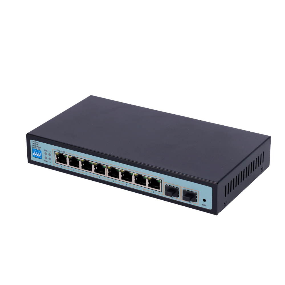 Switch PoE - 8 porte PoE Gigabit + 2 SFP Gigabit - 30 W per porta / Massimo 96W - 1 Porta Hi-PoE fino a 46W - VLAN/Port Isolation/STP/RSTP/MSTP/ACL/QoS - LACP/DHCP Snooping/IGMP Snooping/Port Mirroring