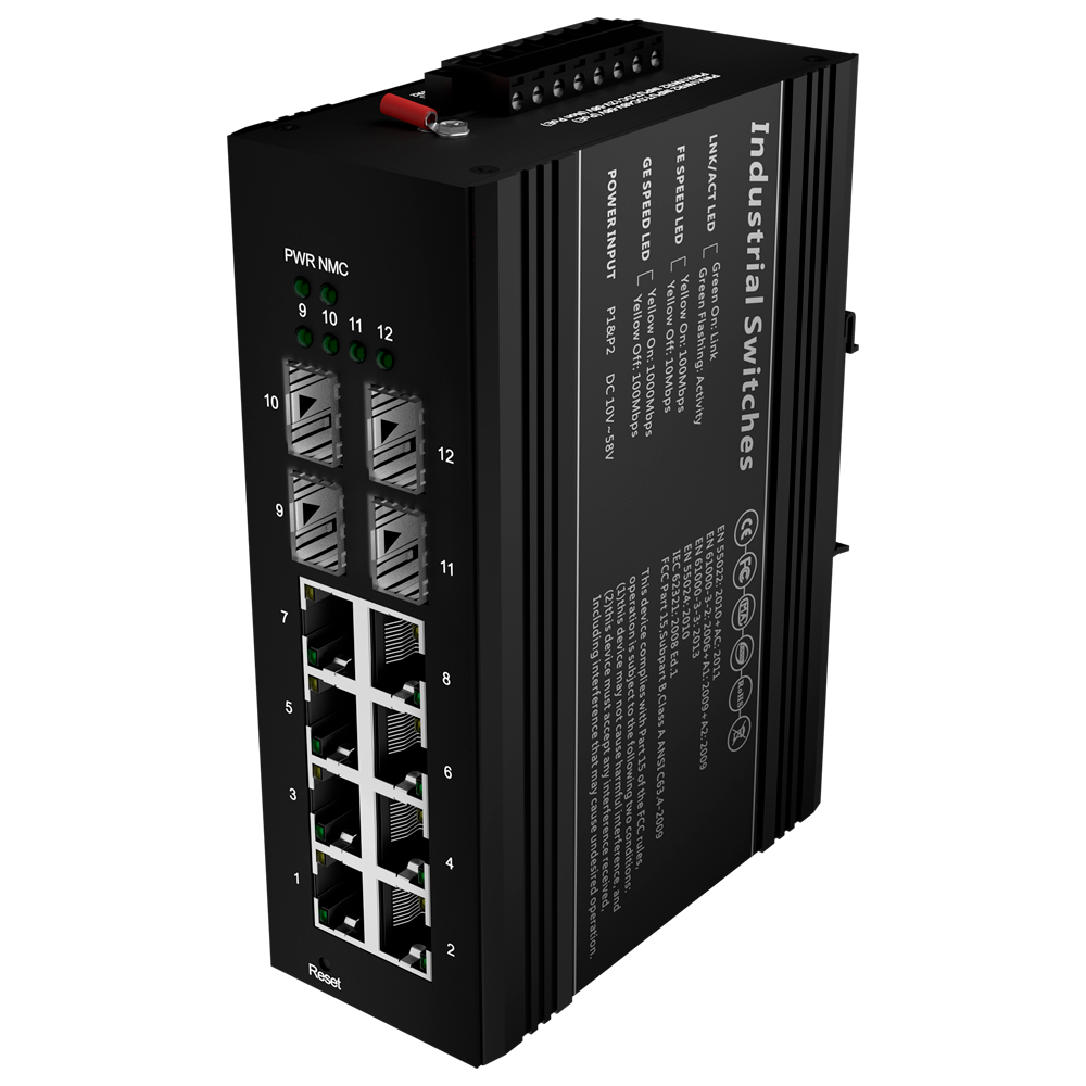 Switch PoE White Label - Montaggio su guida DIN - 8 Porte Gigabit + 4 SFP Gigabit - 90W porte 1 e 2 / 30W porta 3-8 / Massimo 240W - IEEE802.3af/at/bt | PoE/PoE+/Hi-PoE - VLAN/STP/RSTP/MSTP/ERPS/SNMP/ACL - Static LAG/IGMP Snooping/DHCP Snoop/802.1x