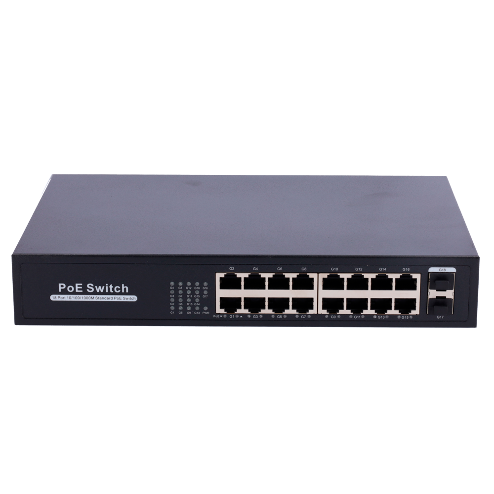 Switch PoE - 16 porte RJ45 + 2 SFP Uplink - 16x 10/100/1000Mbps + 2x 10/100/1000Mbps - 16 Porte PoE 802.3af/at fino a 30W per ogni porta - Potenza totale PoE 250W - Montaggio su rack