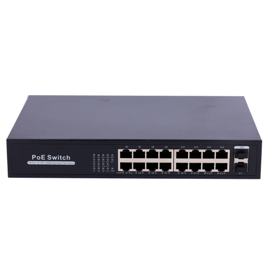 Switch PoE - 16 porte RJ45 + 2 SFP Uplink - 16x 10/100/1000Mbps + 2x 10/100/1000Mbps - 16 Porte PoE 802.3af/at fino a 30W per ogni porta - Potenza totale PoE 250W - Montaggio su rack
