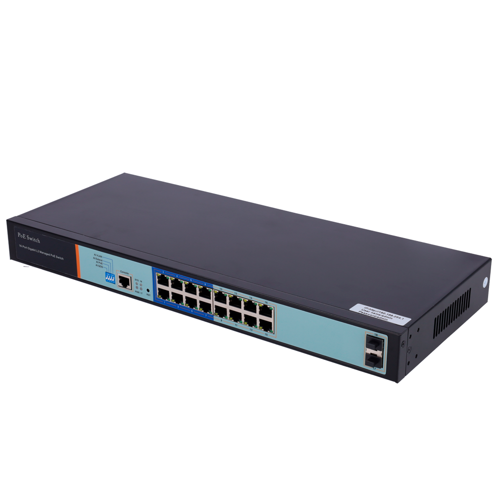Switch PoE - 16 porte PoE + 2 Gigabit SFP - Velocità  10/100/1000 Mbps - 46 W per porta/ Massimo 250W / Fino a 250m - VLAN/Porta Isolation/STP/RSTP/MSTP/ACL/QoS/802.1X - LACP/DHCP Snooping/IGMP Snooping/Port Mirroring