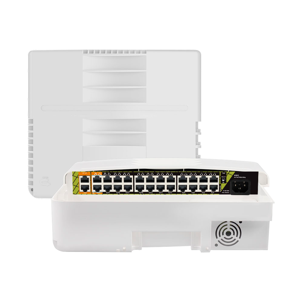 Switch PoE per esterni - 22 RJ45 PoE+ 2 RJ45 Hi-PoE - 2 RJ45 Uplink - 22 x 10/100 Mbps - 4 x Gigabit - A 300 W in totale per tutte le porte - Standard IEEE802.3at PoE+ / af PoE / bt Hi-PoE - Montaggio a parete e/o su Palo